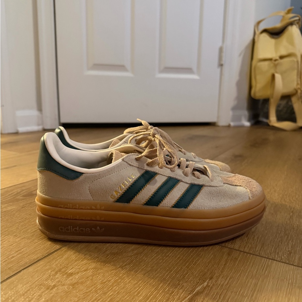 adidas Gazelle Platform Women’s Sneakers - Beige Suede with Dark Green Stripes